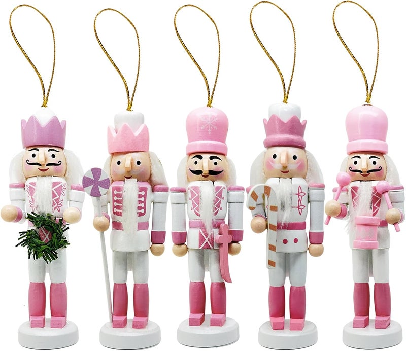 MicoSim Mini Nutcrackers Figures Wooden Christmas Decor, Hanging Nutcracker Ornaments for Xmas Tree, Wood Nut-Crackers Christmas Decorations for Festival Party (Pink, 5PCS) - Image 1